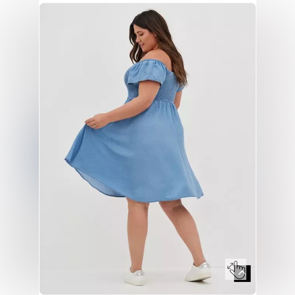 Blue Chambray Off-Shoulder Smocked Skater Dress - Picture 3 of 5